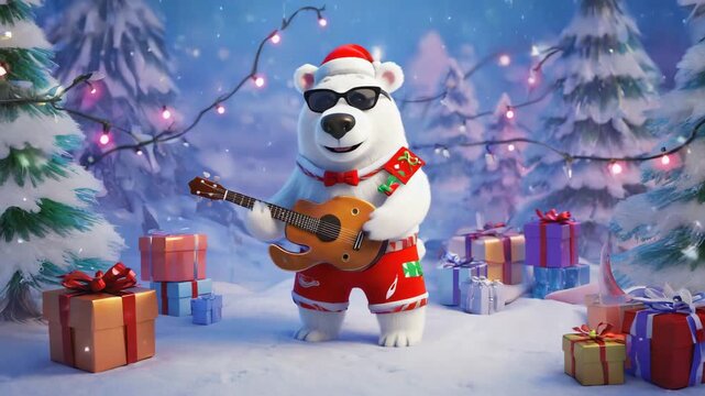  Festive Polar Bear Playing Guitar in a Whimsical Winter Holiday Scene 4K