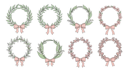 Floral Wreaths Vector Illustration Set: Elegant Botanical Frames with Ribbons for Decorative Designs