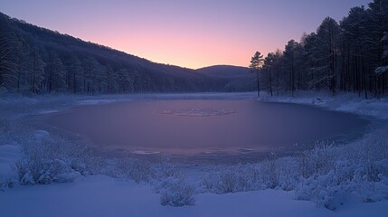 Frozen lake at dawn, snow-covered forest