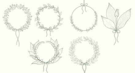 Collection of delicate floral wreaths and bouquets vector design elements for cards and wedding