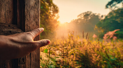 Sunlight shining through old wooden door into forest landscape nature photography view