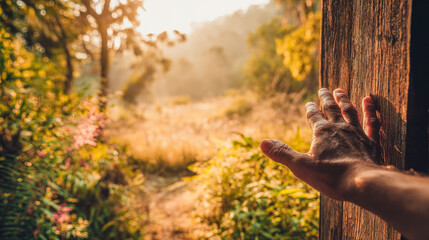 Exploring nature landscape with hand reaching out from wooden door in sunlight scene