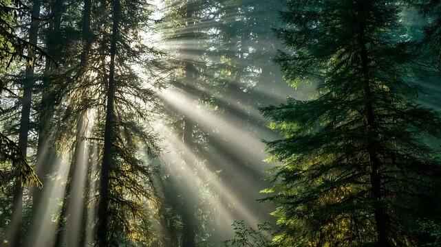 Sunbeams pierce through lush green forest canopy, creating a magical, ethereal atmosphere.