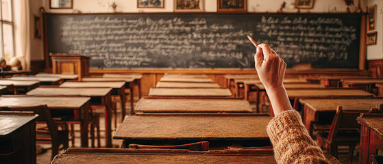 Vintage classroom with student raising hand for education learning and teaching concept