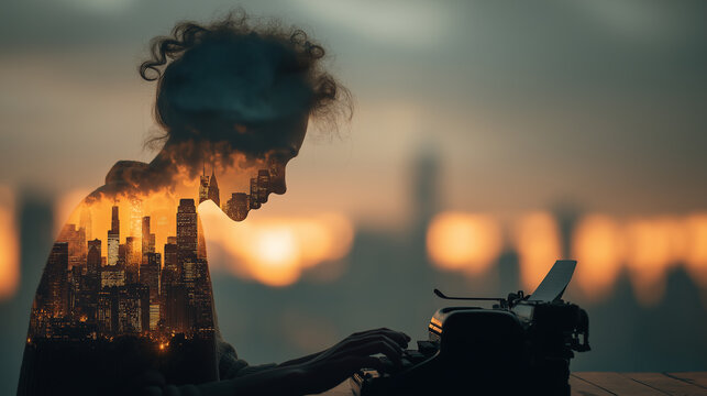 A silhouette of a woman typing on a vintage typewriter, with a vibrant cityscape superimposed, capturing creativity against a sunset backdrop.