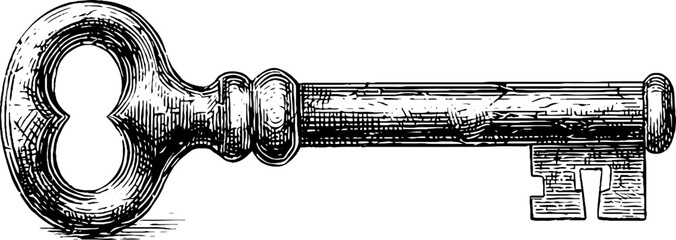 Vintage hand drawn illustration of forged metal key for decorative design