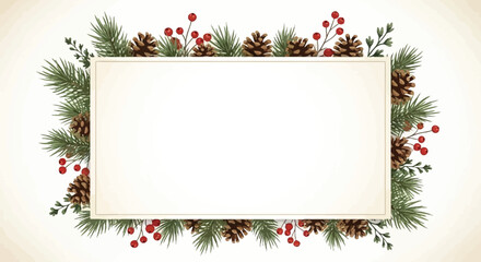 Festive Christmas Card Template with Evergreen Branches, Pine Cones, and Red Berries Illustration