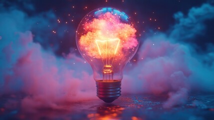 Glowing lightbulb, vibrant colors, clouds