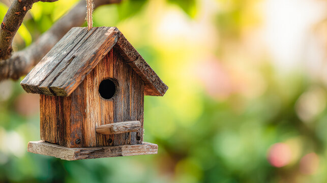 Rustic wooden birdhouse hanging outdoors in a garden setting for nature enthusiasts view