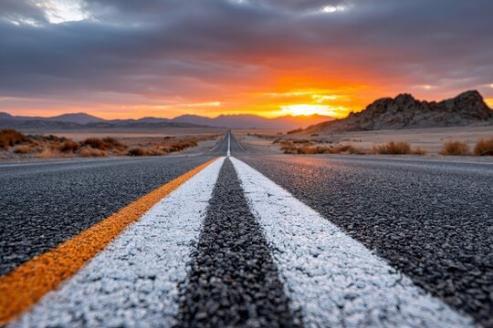 Desert road vanishing into vibrant sunset horizon