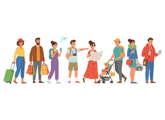 Obraz premium A flat vector illustration shows modern men and women walking outdoors on the street, each carrying mobile phones, bags, or luggage, set against a white background