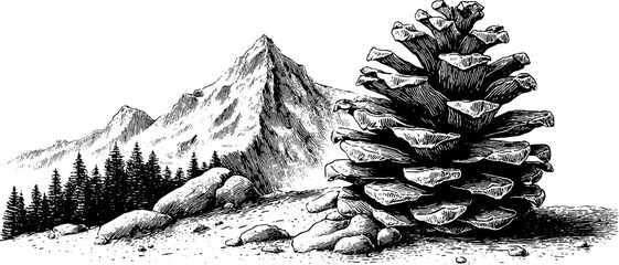 Engraved decorative illustration mountain cedar cone nature design pine tree.
