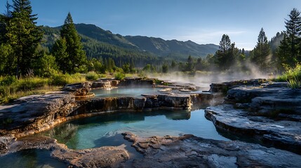 Picturesque hot springs nestled amongst lush green trees and rocks, with steam rising creating a mystical atmosphere