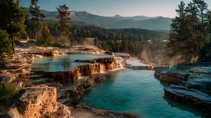 Turquoise Hot Springs Terraces in a Lush Mountain Landscape