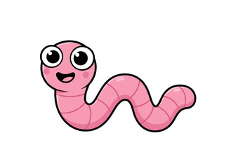 Fototapeta premium A cute, smiling earthworm is crawling, depicted as an amusing, adorable insect character with a cheerful face, rendered in a childish flat vector style on a white background