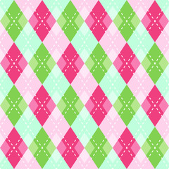 Christmas rhombus seamless pattern. Red and green xmas plaid texture. Argyle geometric diamond pattern. Christmas abstract wrapping. Vector illustration, pink green, red