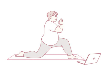 person performing lunge on mat facing laptop, following online instructor during home workout, gentle stretch