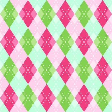 Christmas rhombus seamless pattern. Red and green xmas plaid texture. Argyle geometric diamond pattern. Christmas abstract wrapping. Vector illustration, pink green, red