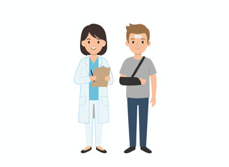 Obraz premium A female doctor or medical adviser and a patient with a broken arm stand together against a white background, while a man in an orthopedic cast appears in a clinic or hospital setting, all rendered