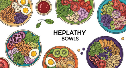 Heplathy bowls illustration: colourful and healthy food concept with fresh ingredients vector