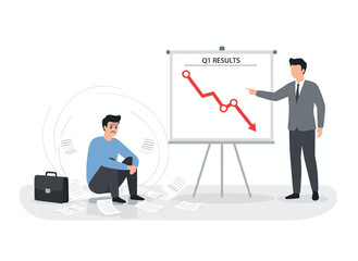 A businessman sketches a bankruptcy chart with a falling graph on a white board, while disgruntled male colleagues face financial troubles at the company, depicted in a flat vector illustration