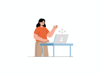 A businesswoman speaking while seated at her laptop, gesturing at a notebook computer in a flat vector illustration set against a white background