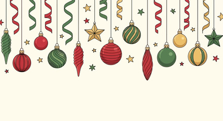 Colorful Christmas Ornaments, Stars, and Ribbons Hanging for Holiday Decoration Vector Illustration