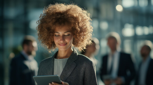 A young woman with curly hair smiles while interacting with a tablet, surrounded by a blurred group of professionals in an airy office environment.