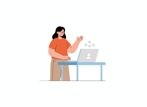 A businesswoman speaking while seated at her laptop, gesturing at a notebook computer in a flat vector illustration set against a white background
