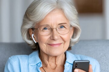 Senior woman smiling, enjoying technology with wireless earphones