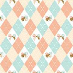 seamless pattern with argyle diamond design in pastel blue, peach, beige and cream, adorned with vintage hand drawn bows
