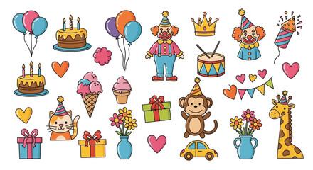 Fun Birthday Party Doodle Vector Illustration Set with Cake, Presents, and Balloons