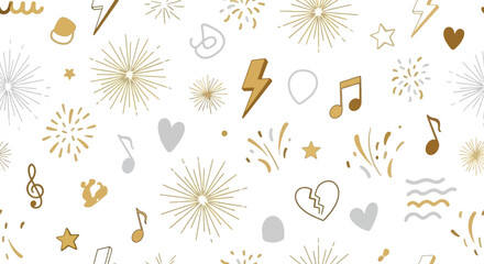 Celebration Doodles Vector Pattern Illustration with Fireworks, Hearts, Music Notes,
