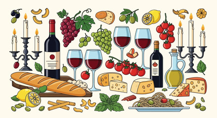 Elegant Culinary Arrangement Showcasing Exquisite Wines, Artisan Cheeses, and Mediterranean Delights for a Gastronomic Feast