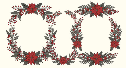 Festive Christmas Wreath Designs Featuring Red Poinsettias, Greenery, and Berries on a Neutral Background
