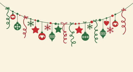 Festive Garland with Hanging Ornaments and Ribbons, Perfect for Holiday Decorations and Celebrations