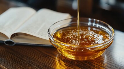 Golden liquid pours into clear bowl near open book