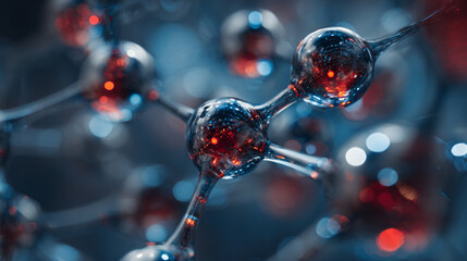 An abstract close-up of a molecular structure, showcasing vibrant red and blue hues, with delicate connections and luminous spheres.