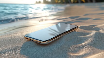 Golden phone on sandy beach near ocean