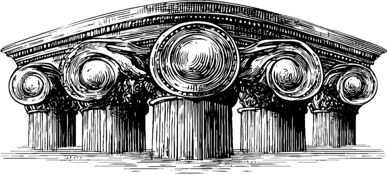 Ornate architectural column capitals in engraved dot line style for design projects