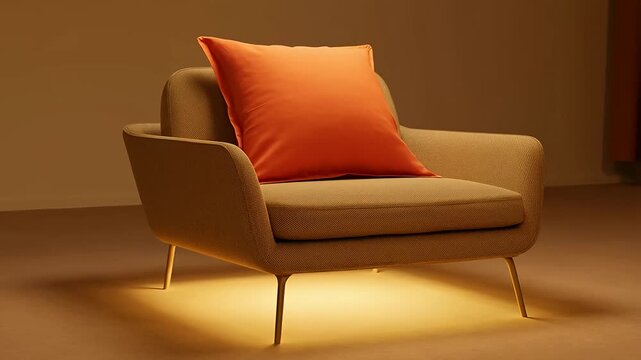 Cozy accent chair with plush pillow and warm ambient lighting