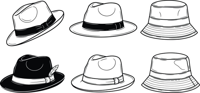 Collection of men hat outline sketches, classic fedora and bucket hat, vintage fashion headwear, monochrome cap icons, vector illustration