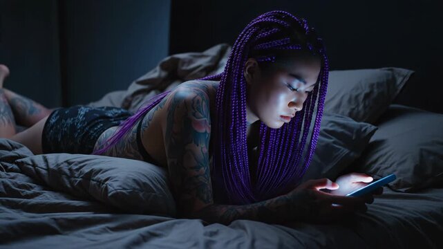 Tattooed young woman with purple braids lying in bed at night looking at glowing smartphone screen