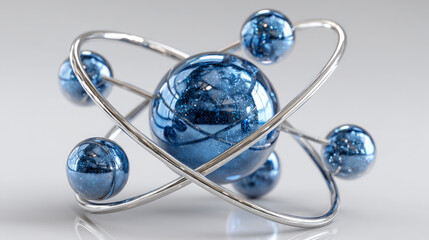 A striking blue atomic model with shiny spheres and metallic rings, representing scientific concepts of atoms and molecular structures.