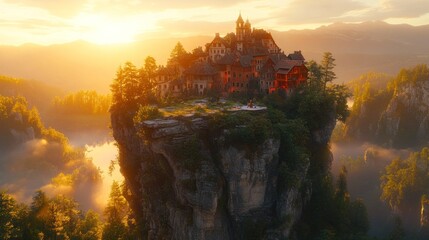 Golden sunlit village perched on a clifftop isle