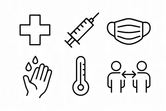 Healthcare Icons: A collection of essential healthcare icons, including a cross, syringe, mask, hand sanitizing, thermometer, and social distancing symbols.