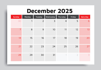 Obraz na płótnie Canvas 2025 december calendar. A vector English winter monthly calendars. Design Sunday start