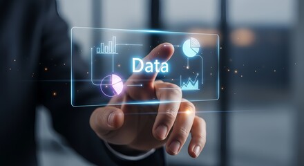 Professional hand touching data interface for business growth and data analysis success