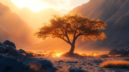Golden tree in a desert canyon at sunset