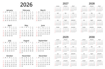 2026, 2027, 2028, 2029, 2030 years english calendars with 12 months. Simple vector illustration